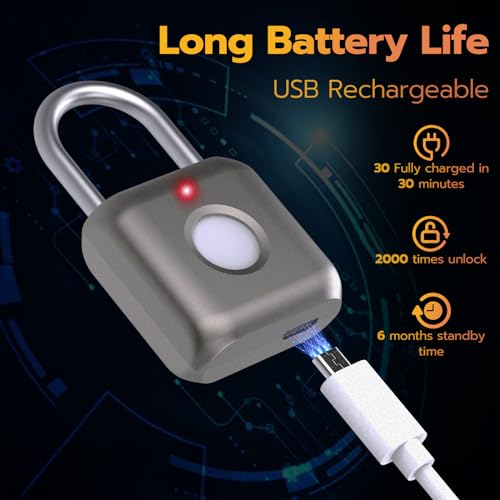 Biometric Fingerprint Smart Padlock, USB Rechargeable, Waterproof, Gray