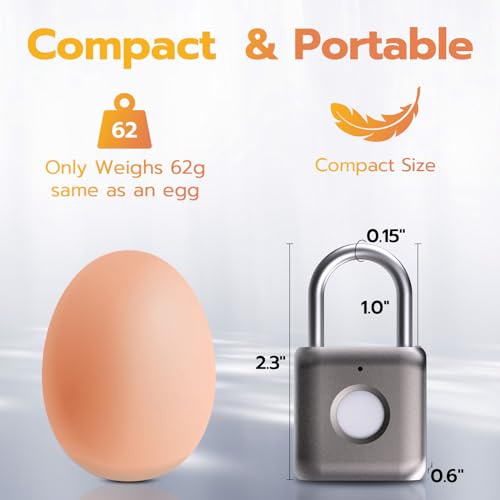 Biometric Fingerprint Smart Padlock, USB Rechargeable, Waterproof, Gray