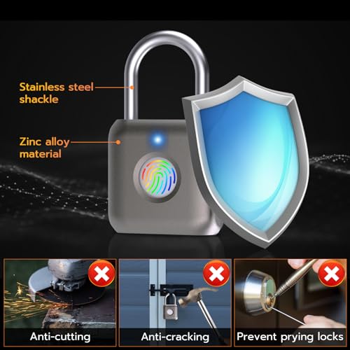 Biometric Fingerprint Smart Padlock, USB Rechargeable, Waterproof, Gray