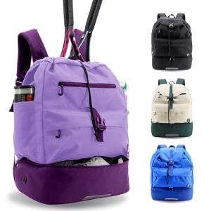 J World Ace Large Tennis Backpack for Women Men. Holds 2 Rackets. Badminton Squash Pickleball Bag. Kids Sports Gym Bag with Shoe Compartment, Purple