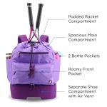 J World Ace Large Tennis Backpack for Women Men. Holds 2 Rackets. Badminton Squash Pickleball Bag. Kids Sports Gym Bag with Shoe Compartment, Purple