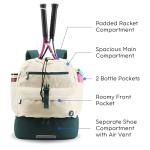 J World Ace Large Tennis Backpack for Women Men. Holds 2 Rackets. Badminton Squash Pickleball Bag. Kids Sports Gym Bag with Shoe Compartment, White Green