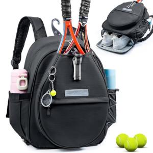 SPORJET Tennis Bag with Shoe Compartment, Tennis Backpack for 2 Rackets, Water-Resistant PU Leather Racket Bag for Women & Men, Sports Backpack for Tennis, Pickleball & Badminton Gifts