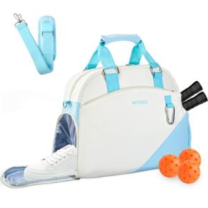 WITUXU Pickleball Bag for 2 Paddles with Ventilated Shoe Compartment & Wet-Dry Pocket, Holds 4 Balls, Waterproof Material, Gift for Women Pickleball Players (Blue&off-white)