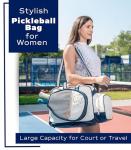 Net & Style Pickleball Bag Women Stylish Tote Large Capacity Paddle Holder Shoe Compartment Elegant Lightweight Design Durable Zipper Pockets Fence Hook White Navy Court Gym Travel Organizer