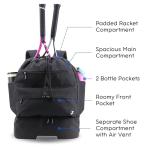 J World Ace Large Tennis Backpack for Women Men. Holds 2 Rackets. Badminton Squash Pickleball Bag. Kids Sports Gym Bag with Shoe Compartment, Black