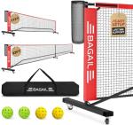 BAGAIL Portable Pickleball Net Set with Wheels, 22 FT Regulation Size & 11 FT Half Court Size 2-in-1 Pickle Ball Net with Ball Collector, Carry Bag, Easy Setup for Outdoor Indoor Driveway - Red