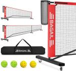 BAGAIL Portable Pickleball Net Set with Wheels, 22 FT Regulation Size & 11 FT Half Court Size 2-in-1 Pickle Ball Net with Ball Collector, Carry Bag, Easy Setup for Outdoor Indoor Driveway - Red