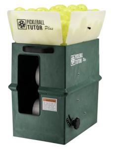 Pickleball Tutor Plus. Ball Machine. Variable TOPSPIN and Backspin. Speed 10-65 MPH. Random Oscillator. Made in USA by #1 Pickleball Machine Company.