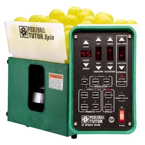 Pickleball Tutor Spin Ultra Model Ball Machine with Multi-Function Remote. Variable SIDESPIN. Speed 60MPH. Includes Popular PRESET Shots and DRILS. Made in USA by #1 Pickleball Machine Company.