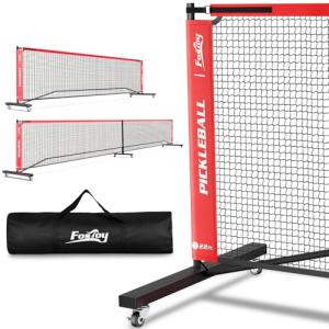 Portable Pickleball Net Set with Wheels, Regulation Size 22 FT & Half Court 11 FT, Steady Metal Frame Pickle Ball Net Set System with Carry Bag for Backyards, Driveways, and Garages (Black&Red)