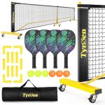 TYRSEN Pickleball Net Set - 22FT Net on Wheels, 4 Paddles, 6 Balls, 12 Court Markers, 1 Bag, Indoor/Outdoor Play