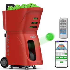 PUSUN PP-Smart-Multi-Functional Smart Pickleball Serving Machine - APP Controlled, 80+ Ball Capacity, 20-120km/h Speed Adjustment, 4-6 Hours Battery Life, Ideal for Training and Matches (Red)