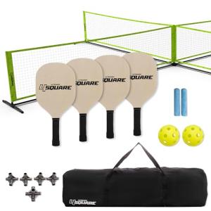 Triumph Sports 4 Square Pickleball Game Set Transforms to Regulation Pickleball Net, Includes 4 Square net, Wood Racket Paddles, Pickleballs, Boundary Markers, Metal Frame, Carry Bag
