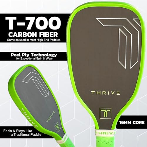 Thrive Pickleball Training Paddle Kit - Includes NEON Green Trainer Paddle, 3 Fast Hands Mini Pickleballs & Paddle Eraser - T-700 Carbon Fiber, Extra Long Handle, 16mm Core