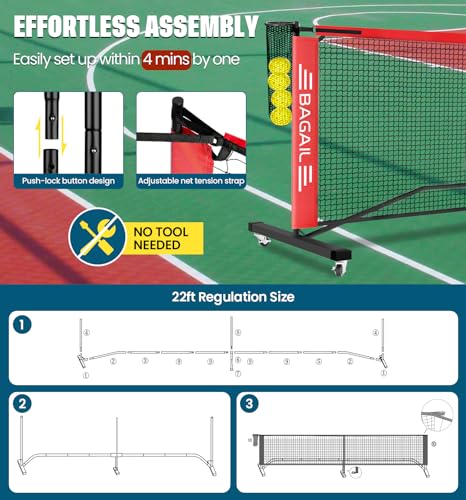 BAGAIL Portable Pickleball Net Set with Wheels, 22 FT Regulation Size & 11 FT Half Court Size 2-in-1 Pickle Ball Net with Ball Collector, Carry Bag, Easy Setup for Outdoor Indoor Driveway - Red