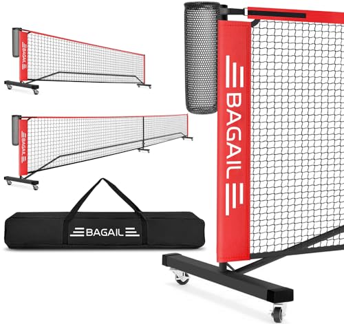 BAGAIL Portable Pickleball Net Set with Wheels, 22 FT Regulation Size & 11 FT Half Court Size 2-in-1 Pickle Ball Net with Ball Collector, Carry Bag, Easy Setup for Outdoor Indoor Driveway - Red