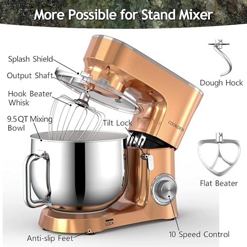 COOKLEE Stand Mixer, 9.5 Qt. 660W Champagne