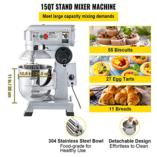 VEVOR Commercial Stand Mixer, 15Qt with 3 Speeds