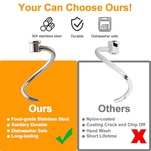 Lawenme 6 QT Stainless Steel Dough Hook for KitchenAid