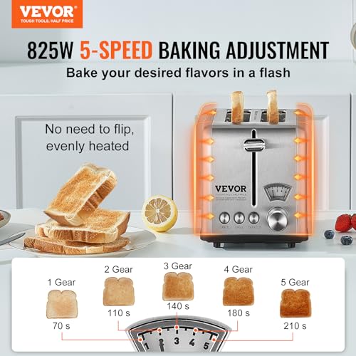 VEVOR Retro Stainless Steel 2-Slice Toaster with 6 Settings