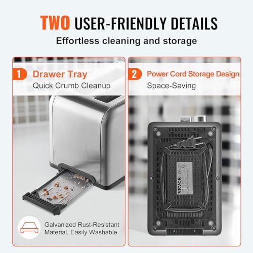 VEVOR Retro Stainless Steel 2-Slice Toaster with 6 Settings