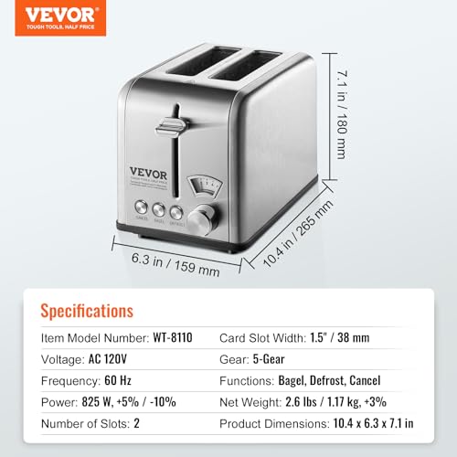 VEVOR Retro Stainless Steel 2-Slice Toaster with 6 Settings