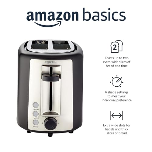 Amazon Basics 2-Slice Toaster - 6 Shade Settings, Black/Silver