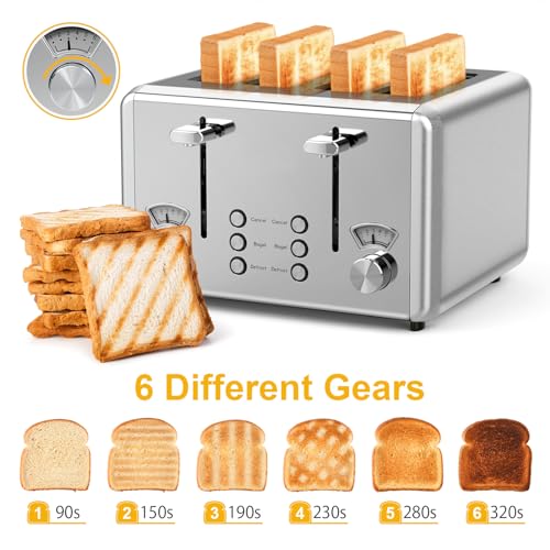 WHALL Stainless Steel Toaster: 6 Shade Settings, Bagel/Defrost/Cancel