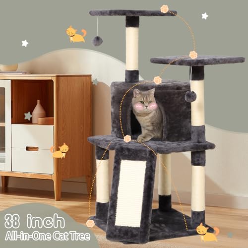 KSIIA Cat Tree for Indoor Cats 38 inch Cat Tower with Sisal-Covered Scratching Post and Multi-Level Perches Kittens Cozy Cat Condo, Grey
