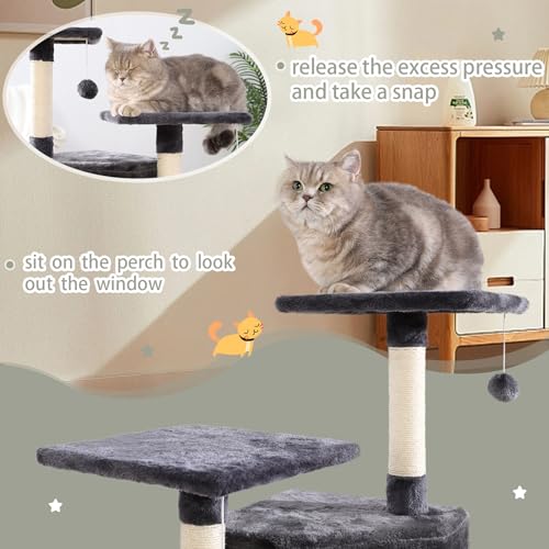 KSIIA Cat Tree for Indoor Cats 38 inch Cat Tower with Sisal-Covered Scratching Post and Multi-Level Perches Kittens Cozy Cat Condo, Grey