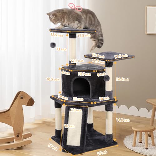 KSIIA Cat Tree for Indoor Cats 38 inch Cat Tower with Sisal-Covered Scratching Post and Multi-Level Perches Kittens Cozy Cat Condo, Grey