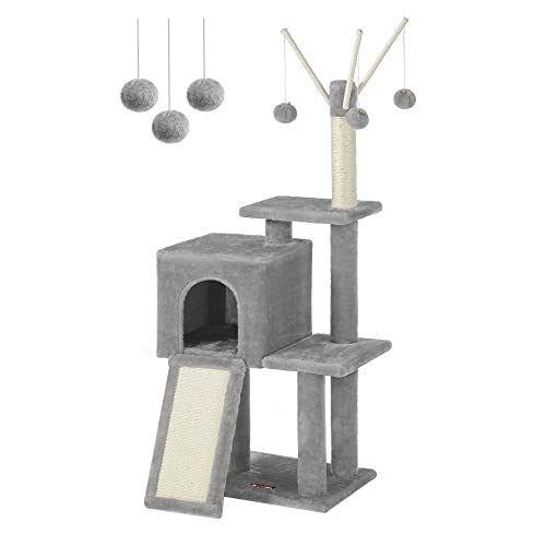 Feandrea Cat Tree, 46.5-Inch Cat Tower for Indoor Cats, Multi-Level Plush Cat Condo, Scratching Post, Ramp, 3 Removable Pompom Sticks, Cat Cave, Light Gray UPCT143W01