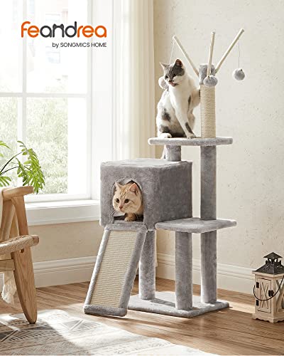 Feandrea Cat Tree, 46.5-Inch Cat Tower for Indoor Cats, Multi-Level Plush Cat Condo, Scratching Post, Ramp, 3 Removable Pompom Sticks, Cat Cave, Light Gray UPCT143W01