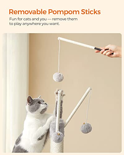 Feandrea Cat Tree, 46.5-Inch Cat Tower for Indoor Cats, Multi-Level Plush Cat Condo, Scratching Post, Ramp, 3 Removable Pompom Sticks, Cat Cave, Light Gray UPCT143W01