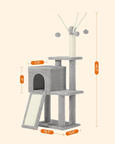 Feandrea Cat Tree, 46.5-Inch Cat Tower for Indoor Cats, Multi-Level Plush Cat Condo, Scratching Post, Ramp, 3 Removable Pompom Sticks, Cat Cave, Light Gray UPCT143W01