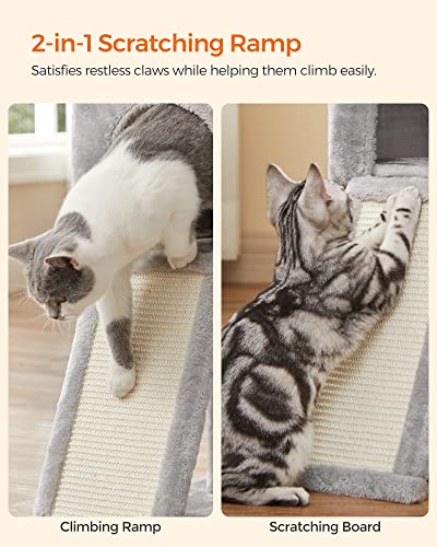 Feandrea Cat Tree, 46.5-Inch Cat Tower for Indoor Cats, Multi-Level Plush Cat Condo, Scratching Post, Ramp, 3 Removable Pompom Sticks, Cat Cave, Light Gray UPCT143W01