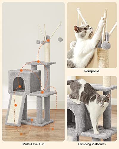 Feandrea Cat Tree, 46.5-Inch Cat Tower for Indoor Cats, Multi-Level Plush Cat Condo, Scratching Post, Ramp, 3 Removable Pompom Sticks, Cat Cave, Light Gray UPCT143W01