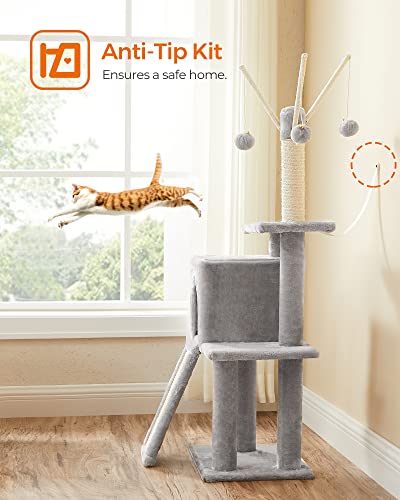 Feandrea Cat Tree, 46.5-Inch Cat Tower for Indoor Cats, Multi-Level Plush Cat Condo, Scratching Post, Ramp, 3 Removable Pompom Sticks, Cat Cave, Light Gray UPCT143W01
