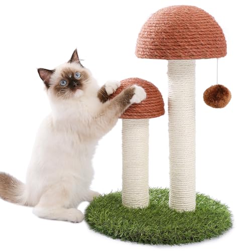 PETEPELA Cat Scratching Post, Mushroom Tall Cat Scratcher Featuring with Natural Sisal Scratching Poles and Interactive Toy Ball for Kittens and Small Cats (Brown)
