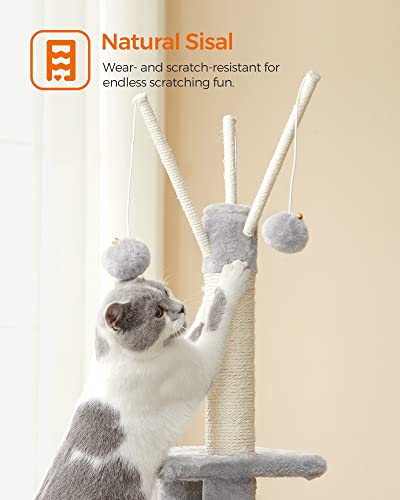 Feandrea Cat Tree, 46.5-Inch Cat Tower for Indoor Cats, Multi-Level Plush Cat Condo, Scratching Post, Ramp, 3 Removable Pompom Sticks, Cat Cave, Light Gray UPCT143W01