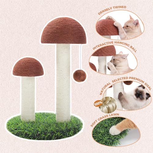 PETEPELA Cat Scratching Post, Mushroom Tall Cat Scratcher Featuring with Natural Sisal Scratching Poles and Interactive Toy Ball for Kittens and Small Cats (Brown)