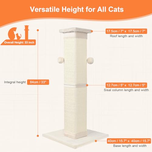 SOCATER 33" Natural Sisal Cat Scratching Post for Indoor Cats