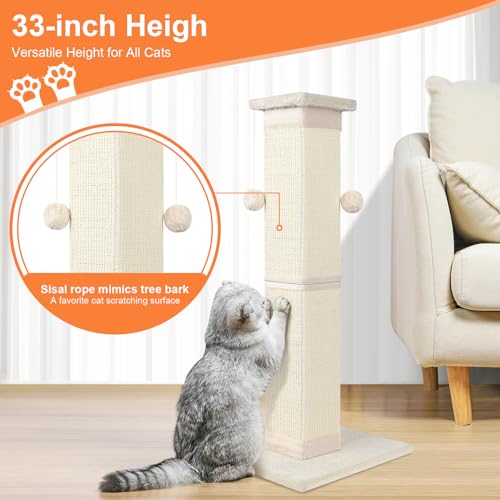 SOCATER 33" Natural Sisal Cat Scratching Post for Indoor Cats