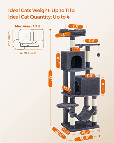 Feandrea 61-Inch Cat Tower with Multi-level Condo