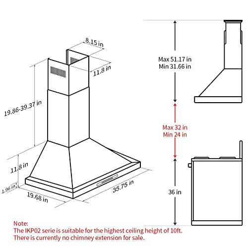 36" Stainless Steel Wall Mount Range Hood