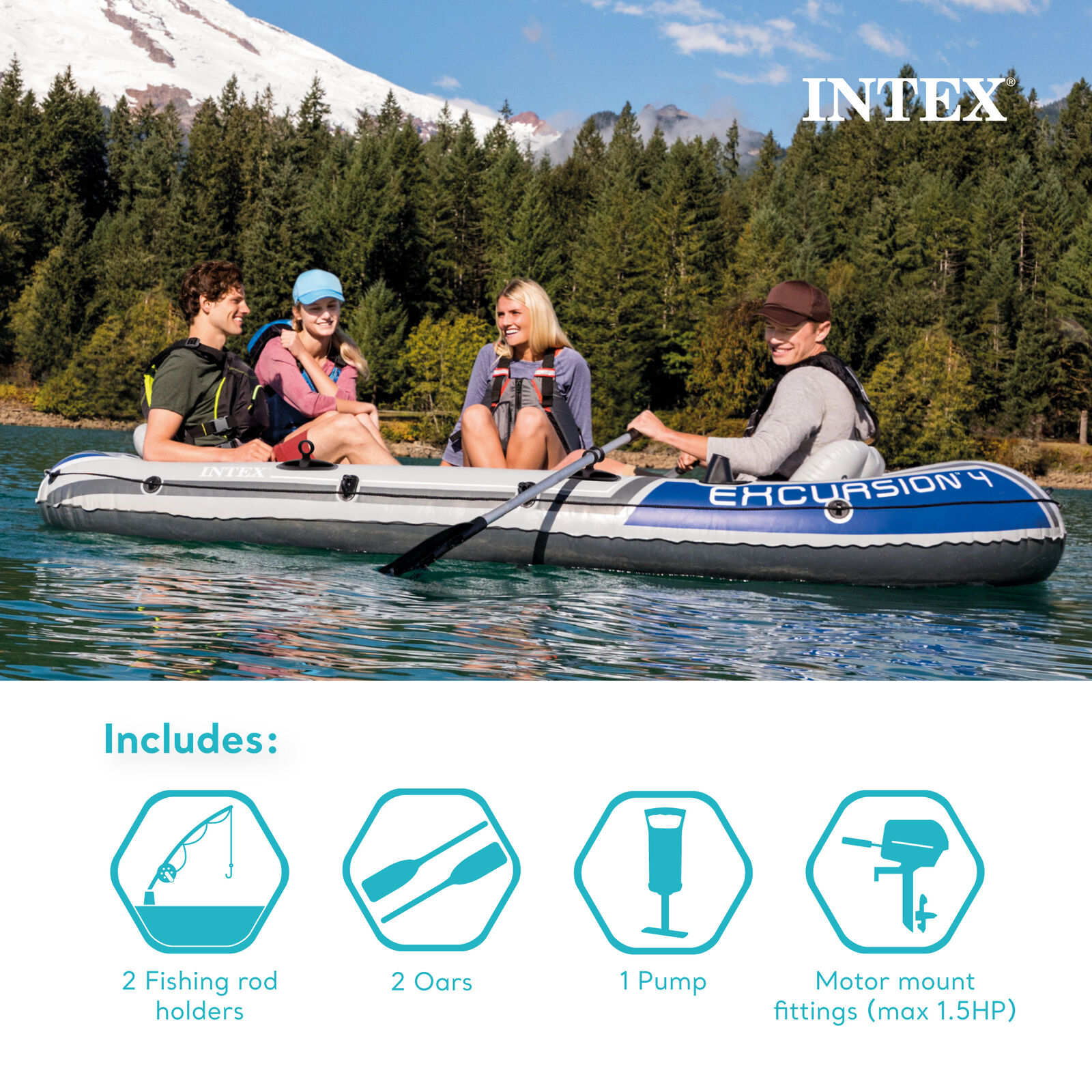 Intex Excursion 4 Person Inflatable Raft with 2 Oars