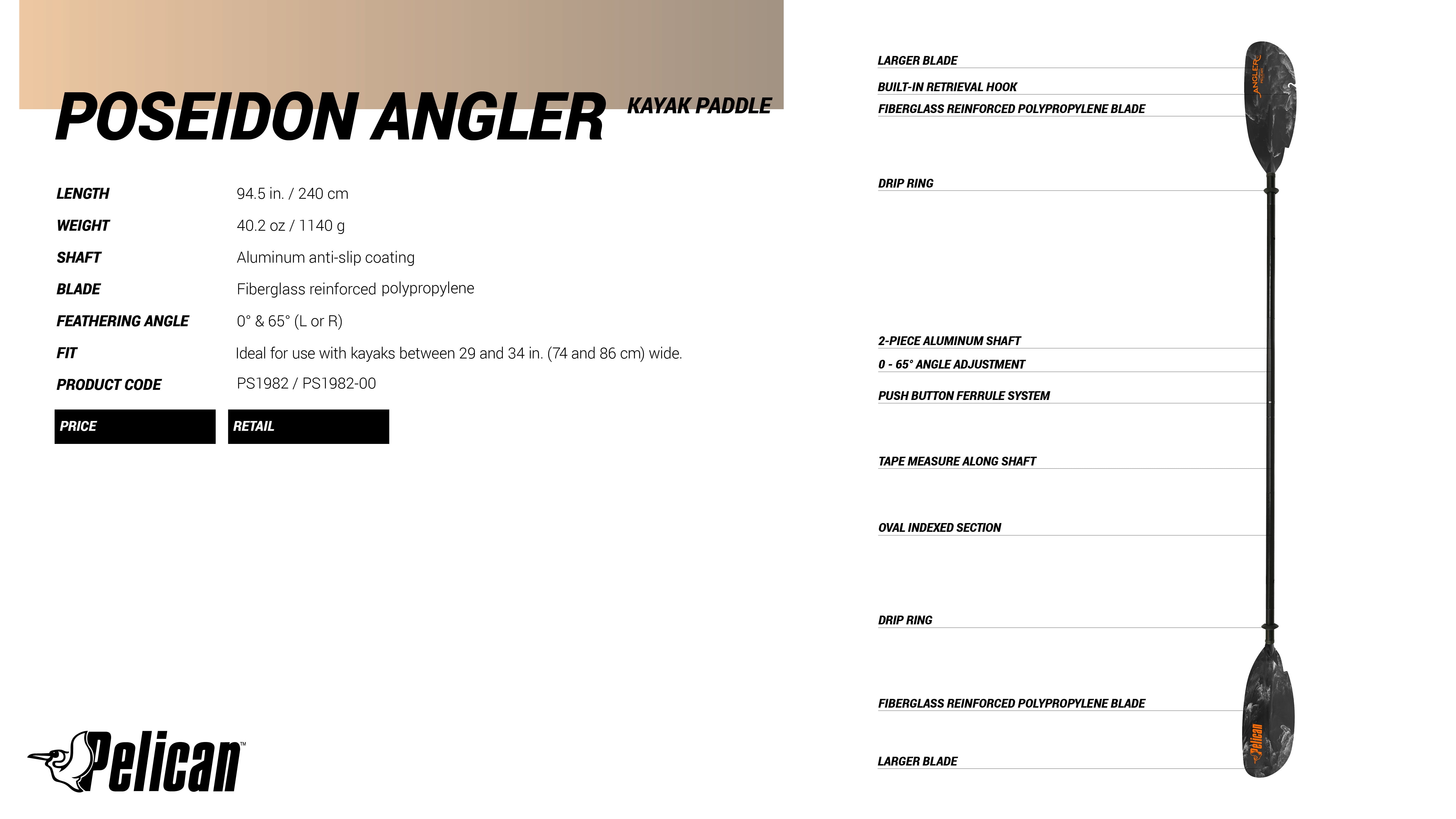 Pelican Poseidon Angler Kayak Paddle, 94.5