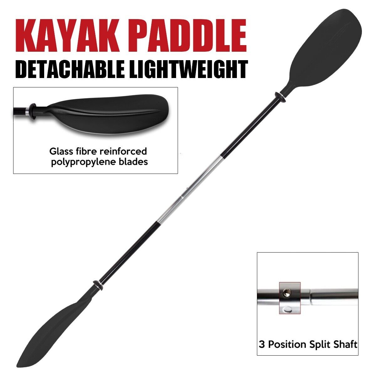 Detachable Lightweight Black Aluminum Kayak Paddle, Asymmetric