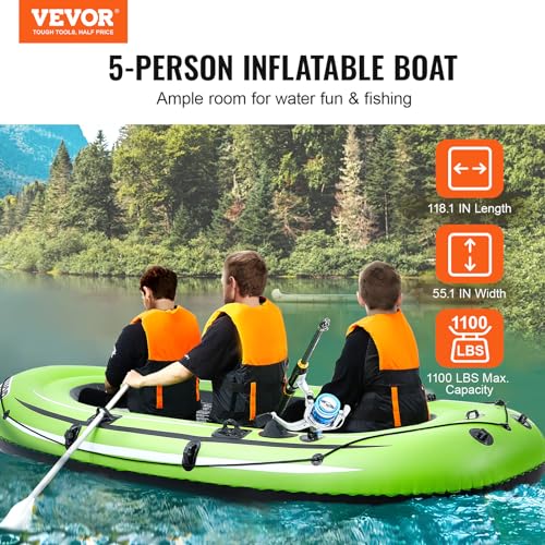 VEVOR Inflatable 5-Person Fishing Raft Kayak, 1100 lb Capacity